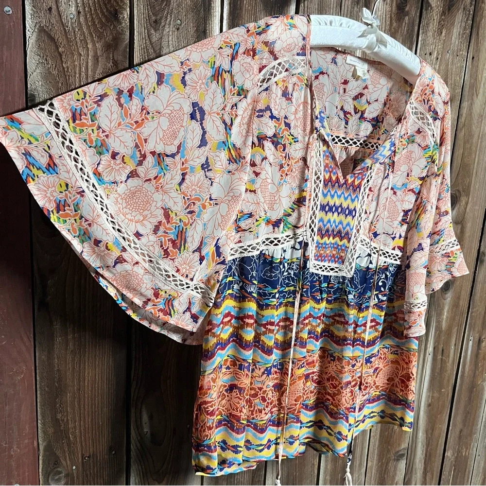 Meadow Rue Boho Sheer Floral Peasant Blouse Flowy Bat Wings Crochet Lace Sz L - Picture 8 of 14